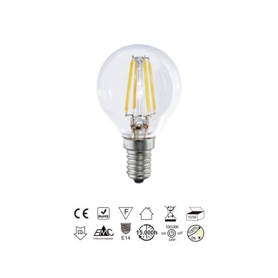 Lampadina led e14 a sfera a filamento 4w 2700k trasparente