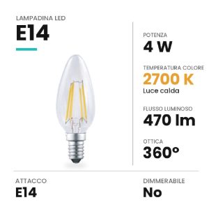 Lampadina led e14 a candela a filamento 4w 2700k trasparente