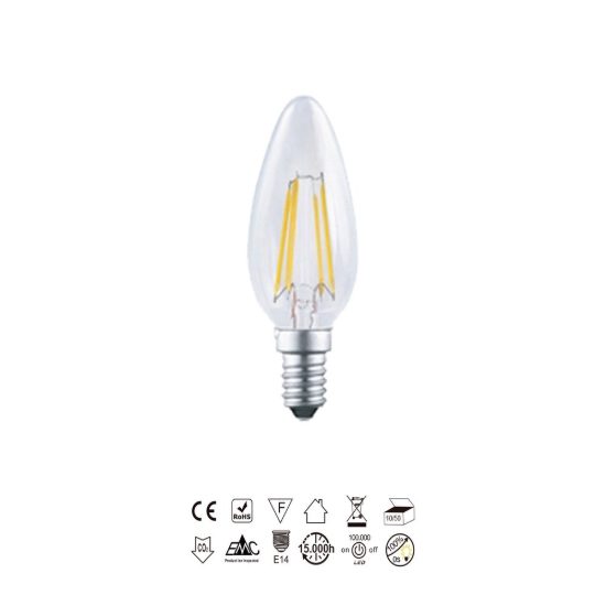 Lampadina led e14 a candela a filamento 4w 2700k trasparente