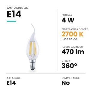 Lampadina led e14 a candela colpo di vento a filamento 4w 2700k trasparente