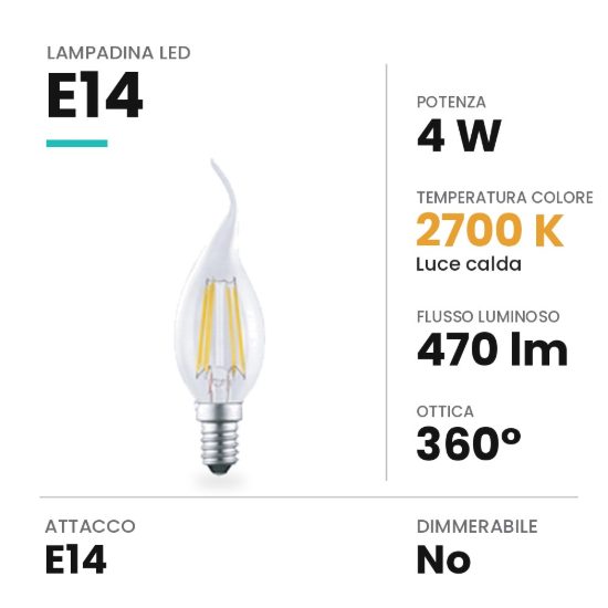 Lampadina led e14 a candela colpo di vento a filamento 4w 2700k trasparente