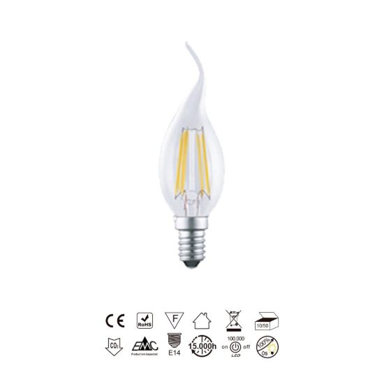Lampadina led e14 a candela colpo di vento a filamento 4w 2700k trasparente