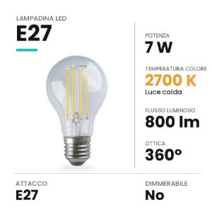 Lampadina led e27 a goccia a filamento 7w 2700k trasparente