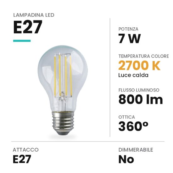 Lampadina led e27 a goccia a filamento 7w 2700k trasparente