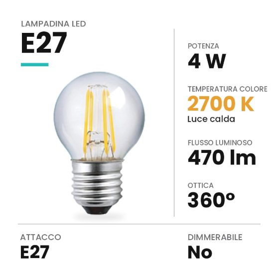 Lampadina led e27 a sfera a filamento 4w 2700k trasparente