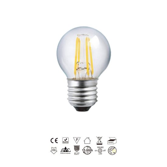 Lampadina led e27 a sfera a filamento 4w 2700k trasparente