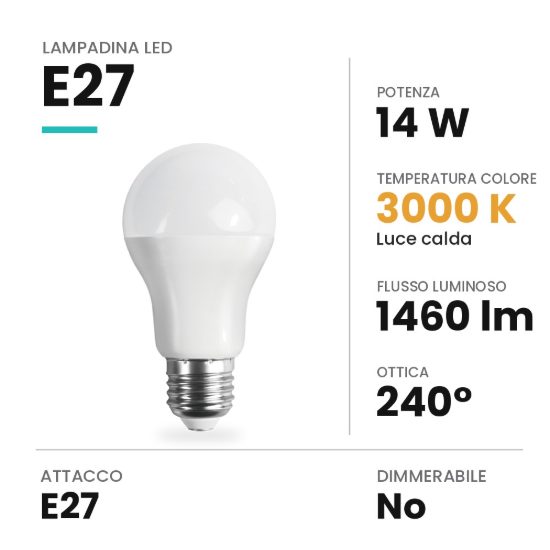 Lampadina led e27 a goccia 14w 3000k bianca