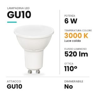 Lampadina led gu10 spot luce diffusa 6w 3000k bianca