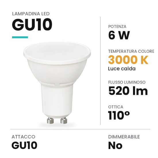 Lampadina led gu10 spot luce diffusa 6w 3000k bianca