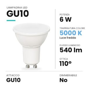 Lampadina led gu10 spot luce diffusa 6w 5000k bianca