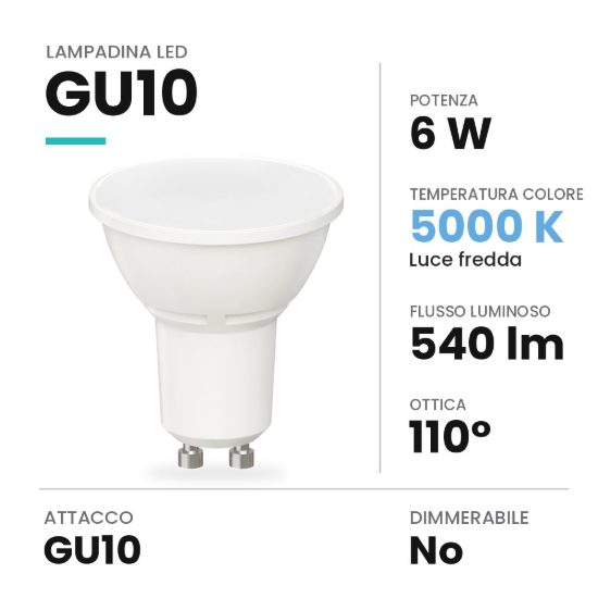 Lampadina led gu10 spot luce diffusa 6w 5000k bianca