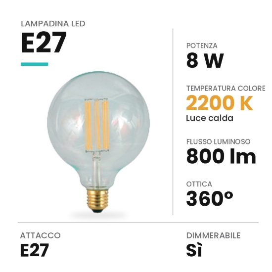 Lampadina led e27 a globo 9,5cm vintage a filamento 8w 2200k dimmerabile trasparente