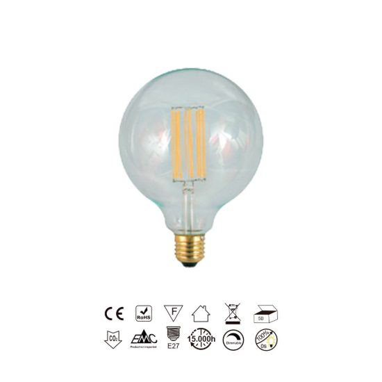 Lampadina led e27 a globo 9,5cm vintage a filamento 8w 2200k dimmerabile trasparente