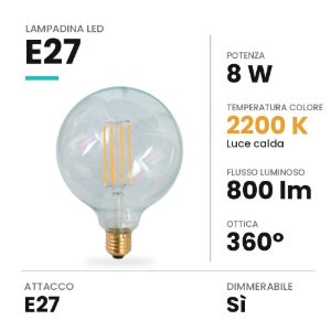 Lampadina led e27 a globo 12,5cm vintage a filamento 8w 2200k dimmerabile trasparente