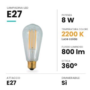 Lampadina led e27 edison st64 vintage a filamento 8w 2200k dimmerabile trasparente