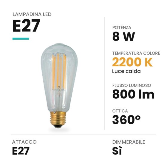Lampadina led e27 edison st64 vintage a filamento 8w 2200k dimmerabile trasparente