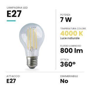 Lampadina led e27 a goccia a filamento 7w 4000k trasparente