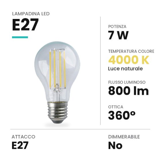 Lampadina led e27 a goccia a filamento 7w 4000k trasparente
