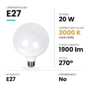 Lampadina led e27 a globo 12cm 20w 3000k bianca