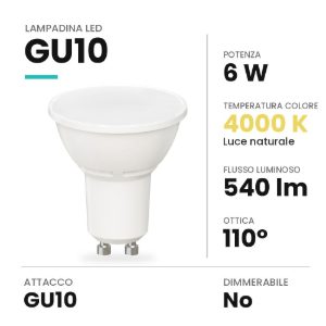 Lampadina led gu10 spot luce diffusa 6w 4000k bianca