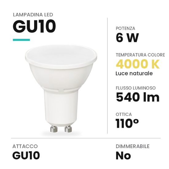 Lampadina led gu10 spot luce diffusa 6w 4000k bianca