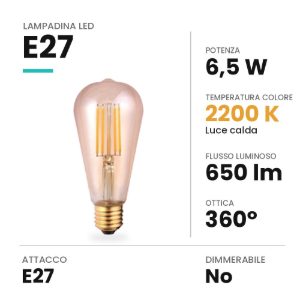 Lampadina led e27 edison st64 vintage a filamento 6,5w 2200k ambrata