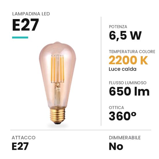 Lampadina led e27 edison st64 vintage a filamento 6,5w 2200k ambrata