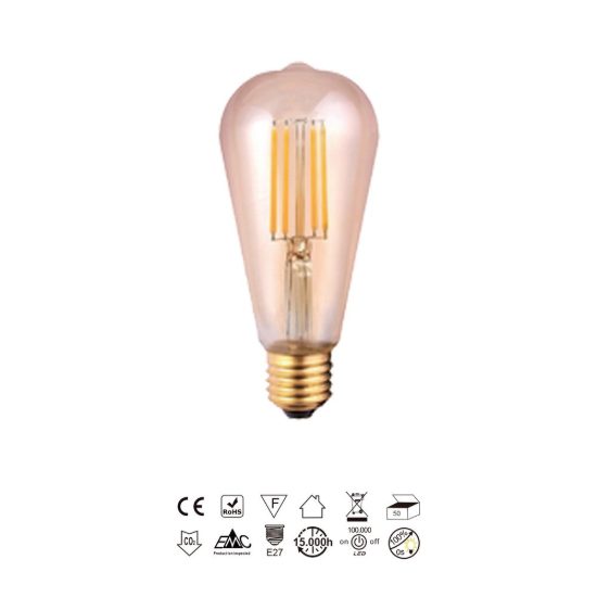 Lampadina led e27 edison st64 vintage a filamento 6,5w 2200k ambrata