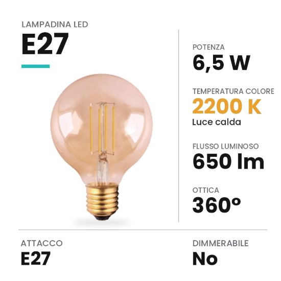 Lampadina led e27 a globo 9,5cm vintage a filamento 6,5w 2200k ambrata