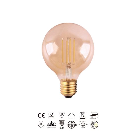 Lampadina led e27 a globo 9,5cm vintage a filamento 6,5w 2200k ambrata