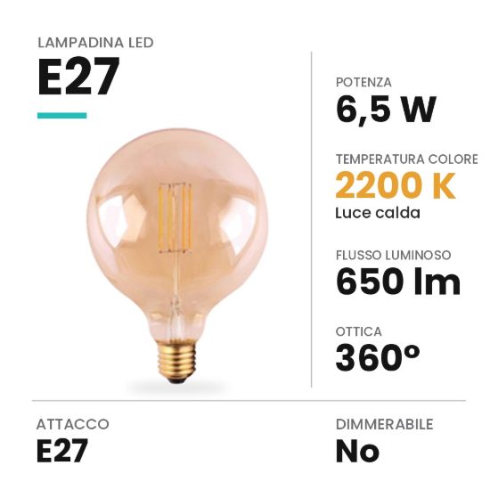 Lampadina led e27 a globo 12,5cm vintage a filamento 6,5w 2200k ambrata