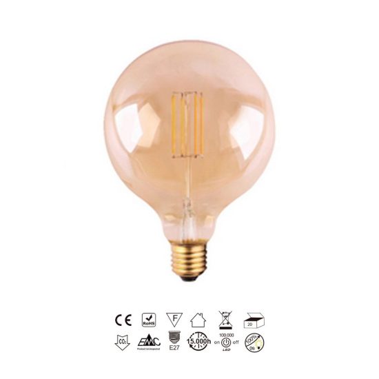 Lampadina led e27 a globo 12,5cm vintage a filamento 6,5w 2200k ambrata