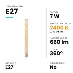 Lampadina led e27 tubolare 30cm vintage a filamento 7w 2400k ambrata