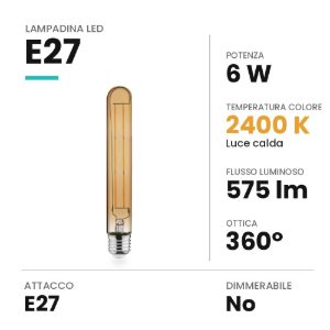 Lampadina led e27 tubolare 18,5cm vintage a filamento 6w 2400k ambrata