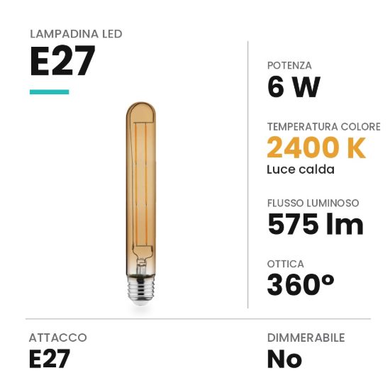 Lampadina led e27 tubolare 18,5cm vintage a filamento 6w 2400k ambrata