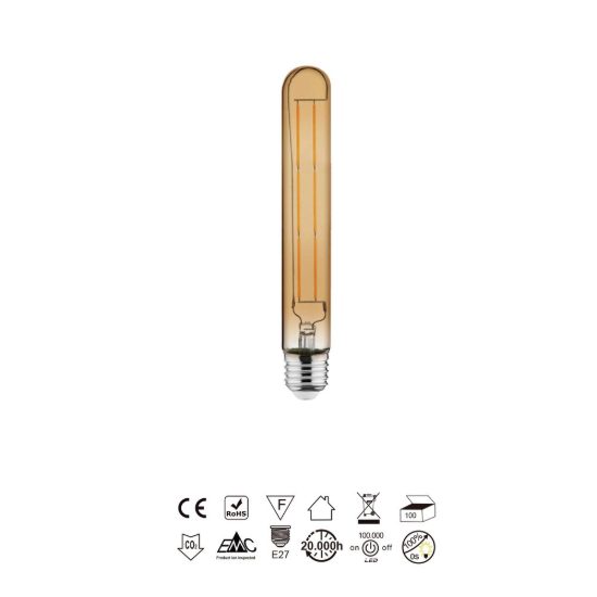 Lampadina led e27 tubolare 18,5cm vintage a filamento 6w 2400k ambrata