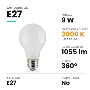 Lampadina led e27 a goccia opale 9w 3000k bianca
