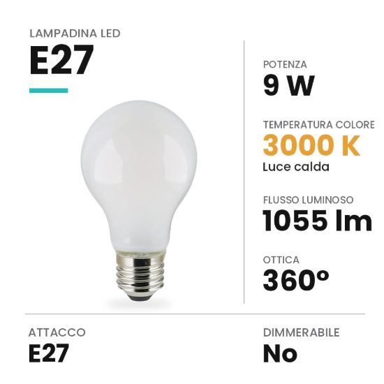 Lampadina led e27 a goccia opale 9w 3000k bianca