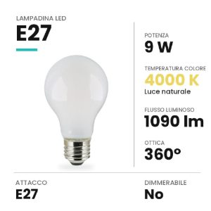 Lampadina led e27 a goccia opale 9w 4000k bianca