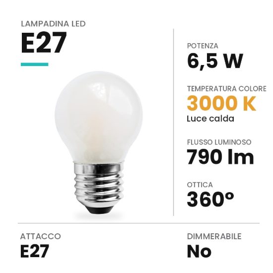Lampadina led e27 a sfera opale 6,5w 3000k bianca