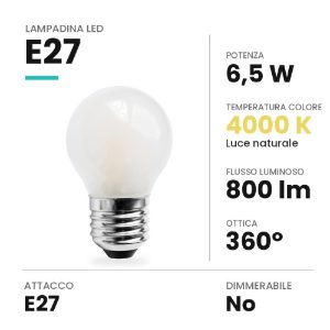 Lampadina led e27 a sfera opale 6,5w 4000k bianca