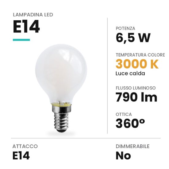 Lampadina led e14 a sfera opale 6,5w 3000k bianca