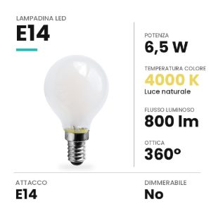 Lampadina led e14 a sfera opale 6,5w 4000k bianca