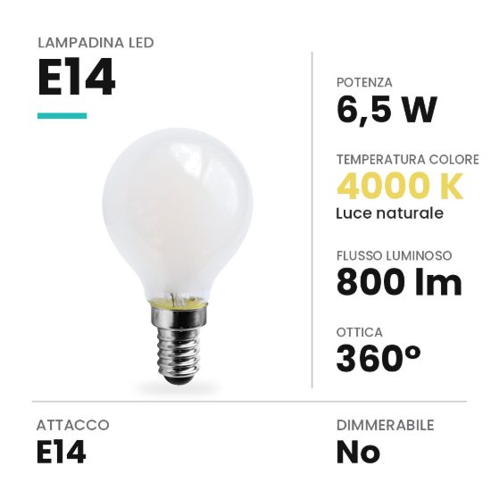 Lampadina led e14 a sfera opale 6,5w 4000k bianca