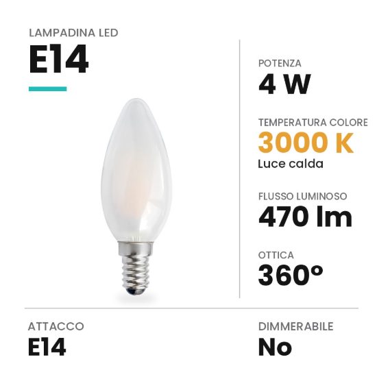 Lampadina led e14 a candela opale 4w 3000k bianca