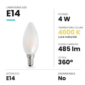 Lampadina led e14 a candela opale 4w 4000k bianca