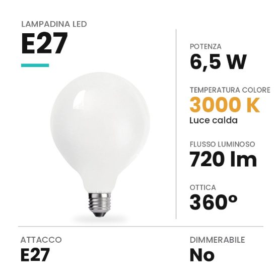 Lampadina led e27 a globo 9,5cm opale 6,5w 3000k bianca
