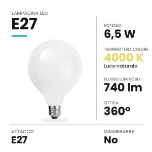 Lampadina led e27 a globo 9,5cm opale 6,5w 4000k bianca