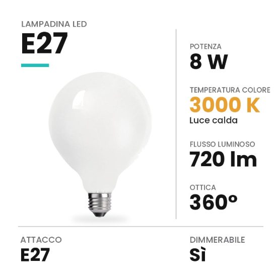 Lampadina led e27 a globo 9,5cm opale 8w 3000k dimmerabile bianca