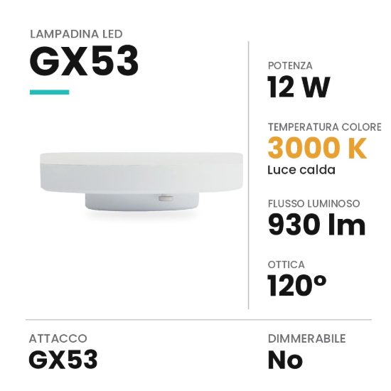 Lampadina led gx53 a disco 12w 3000k bianca